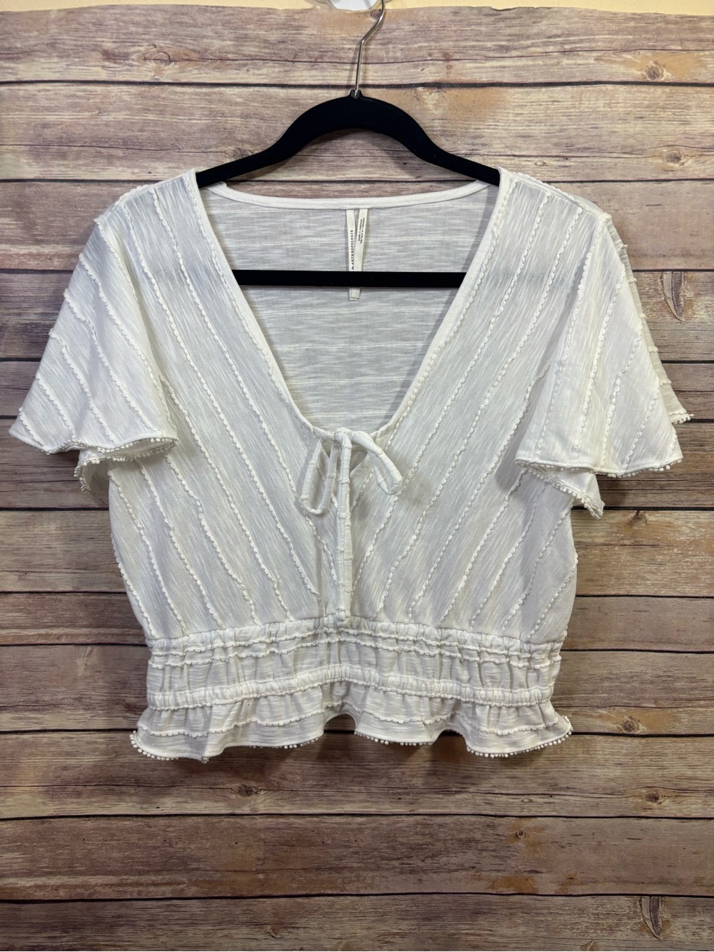 Anthropologie White V-Neck Crop Blouse Top Size Medium